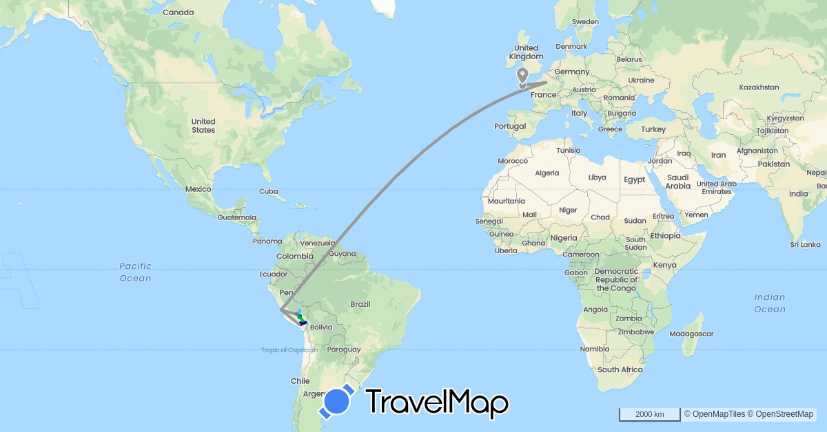 TravelMap itinerary: driving, bus, plane, train, boat in France, Peru (Europe, South America)